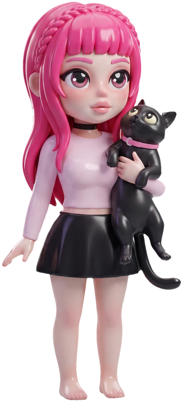 Wizualizacja figurki w stylu Chibi: dziewczyna z kotem na rękach